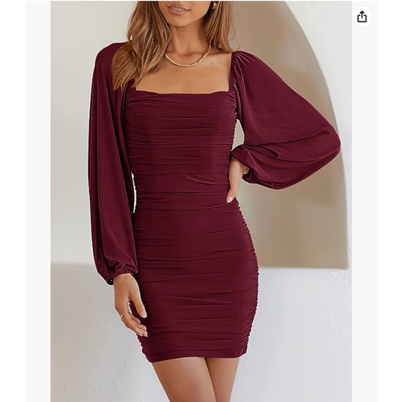 Anrabess Women's Square Neck Mesh Sleeve Ruched Bodycon Dress - Wine Red S NWT - Picture 2 of 3